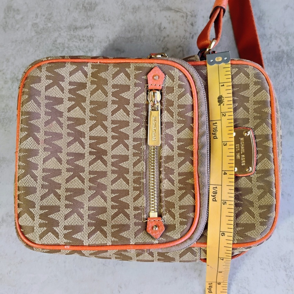 Michael Kors Signature Flight Crossbody Bag Brown Orange Leather Trim - Picture 15 of 16